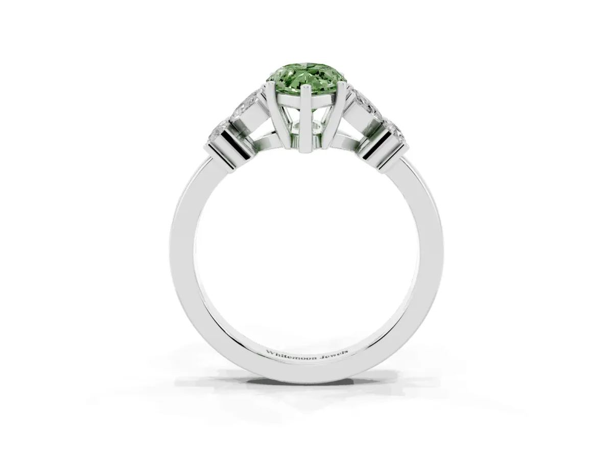 Fancy Green Marquise Cut Diamond Floral Cluster Ring with Solitaire Band and Prong Setting Platinum