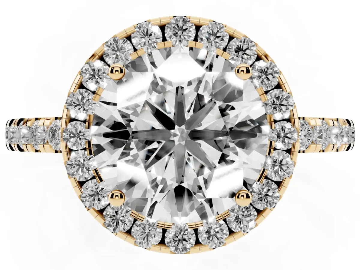 Round Cut Halo Diamond Engagement Ring with Pavé Band and Four-Prong Setting Yellow gold