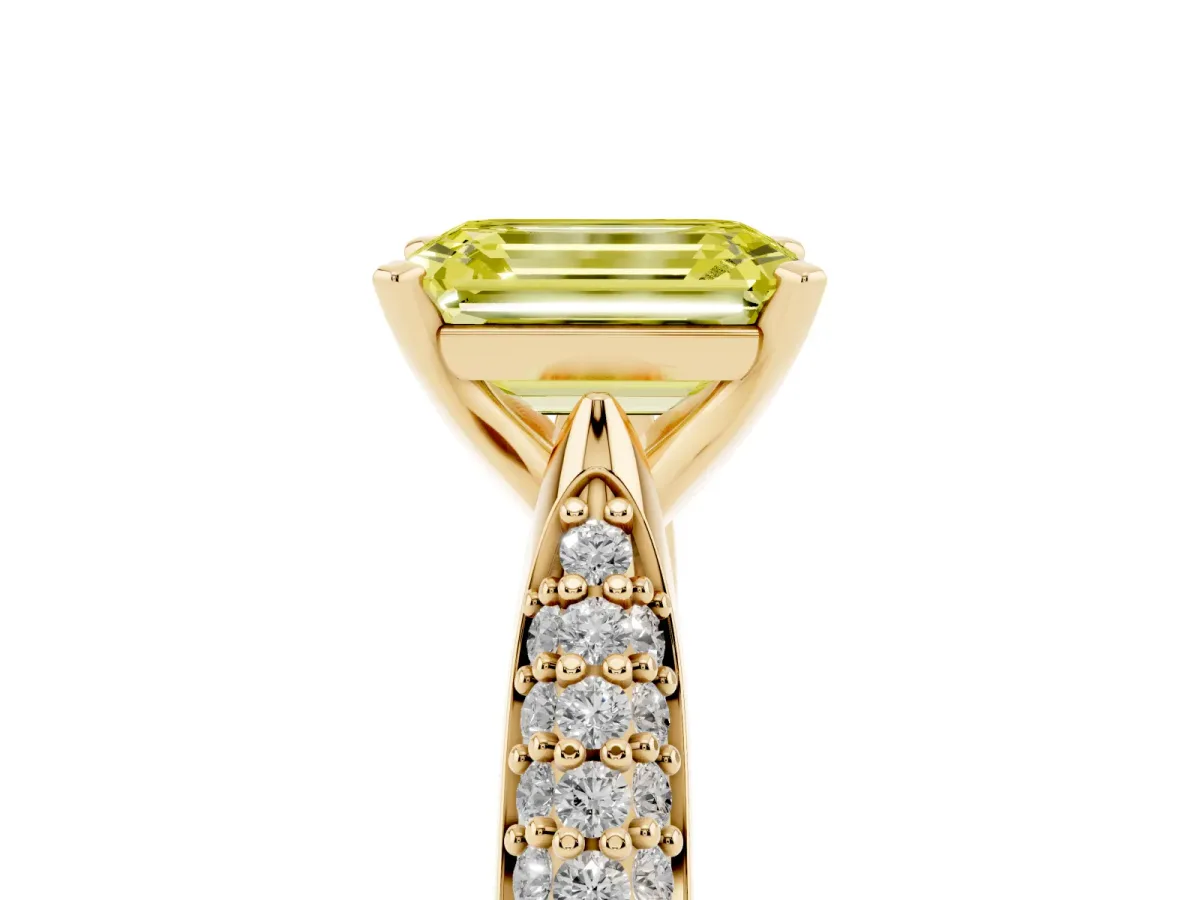 Fancy Yellow Emerald Cut Diamond Solitaire Engagement Ring with Multi-Row Round Pavé Band and Prong Setting Yellow gold
