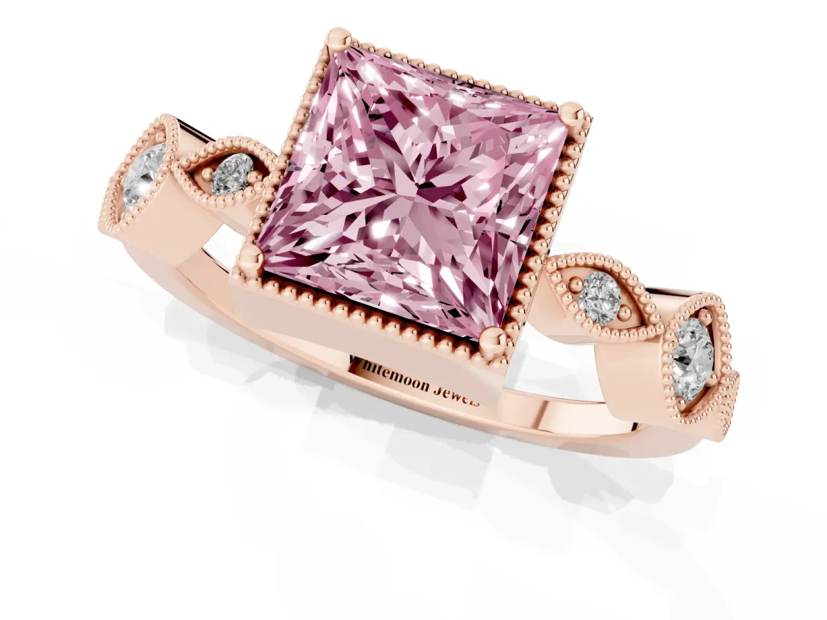 Fancy Pink Princess Cut Diamond Vintage Milgrain Ring with Round Stations Rose gold
