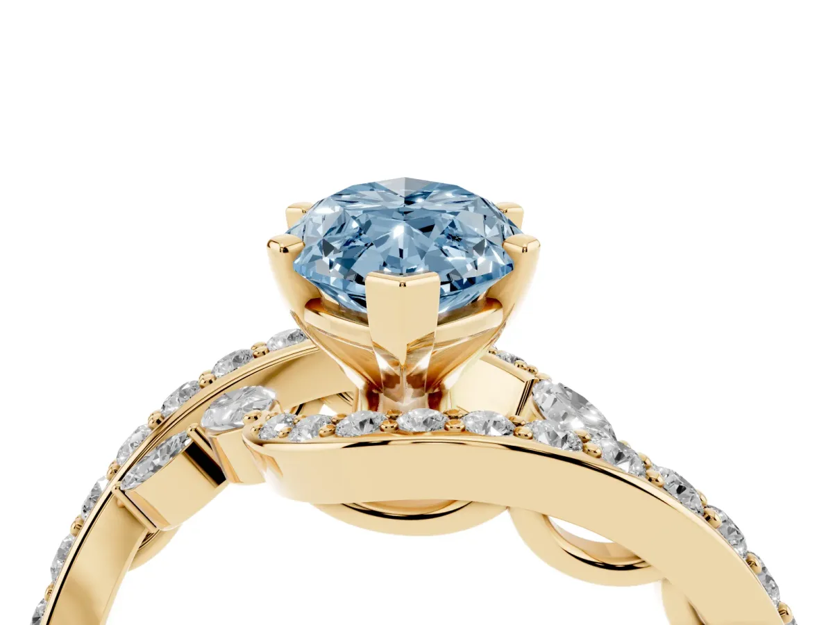 Fancy Blue Marquise Cut Solitaire with Pavé Twist Band and Four-Prong Setting Yellow gold