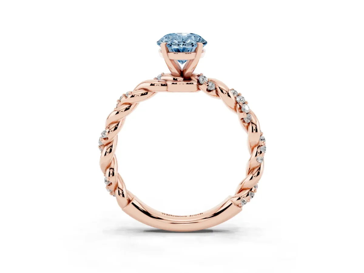 Fancy Blue Oval Cut Diamond Solitaire Ring with Twisted Band and Pavé Accents Rose gold