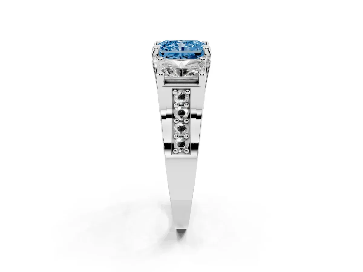Fancy Blue Radiant Cut Diamond Three-Stone Ring with Channel Set Band and Four-Prong Setting Silver
