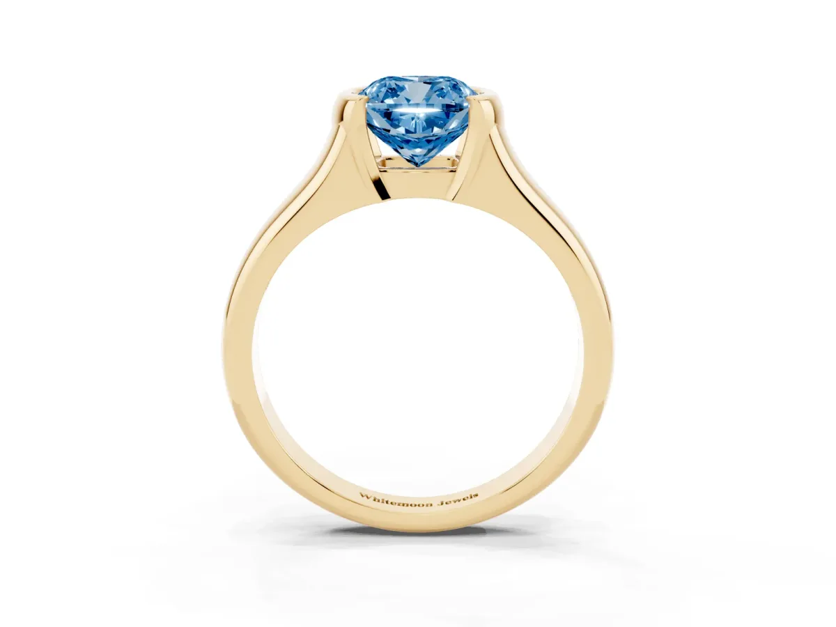 Fancy Blue Cushion Cut Solitaire Tension Set Diamond Ring with Split Shank Band Yellow gold