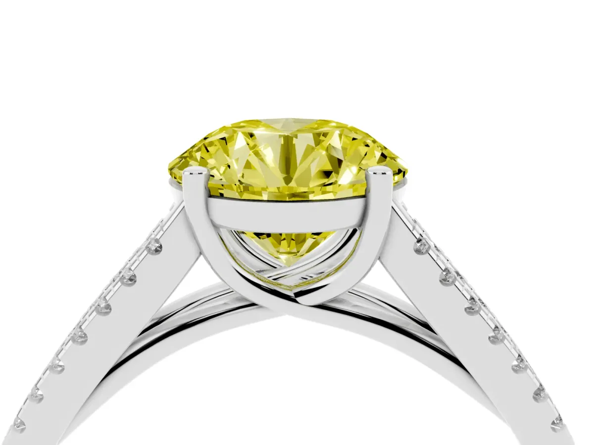 Fancy Yellow Round Cut Diamond Solitaire Engagement Ring with Split Shank Pavé Band Silver