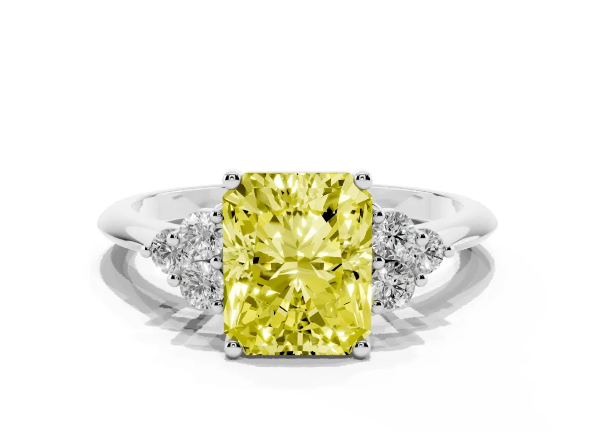 Fancy Yellow Radiant Cut Cut Diamond Cluster Ring with Solitaire Band and Four-Prong Setting Silver