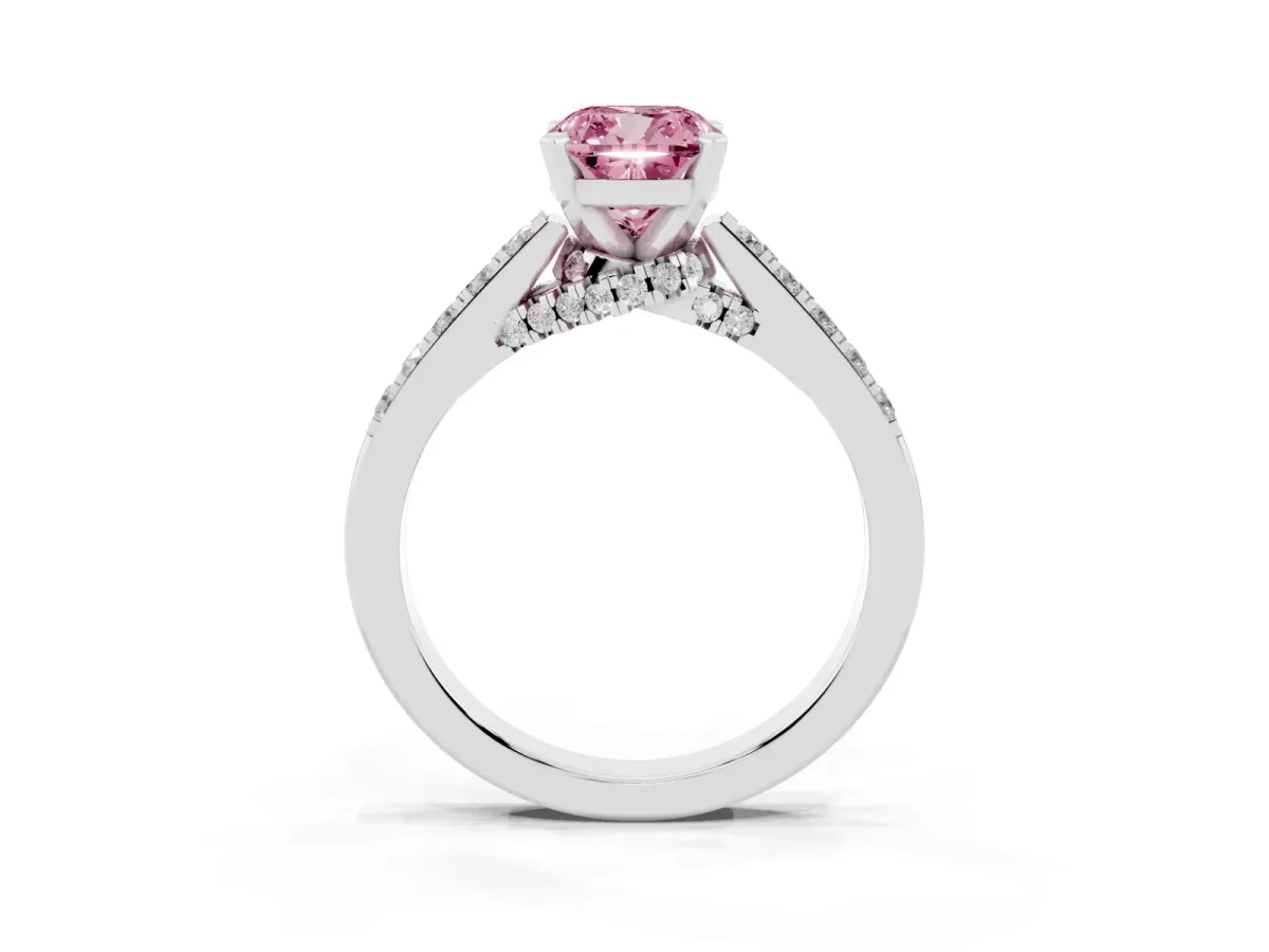 Fancy Pink Cushion Cut Diamond Solitaire Ring with Crossover Gallery and Round Pavé Band White gold
