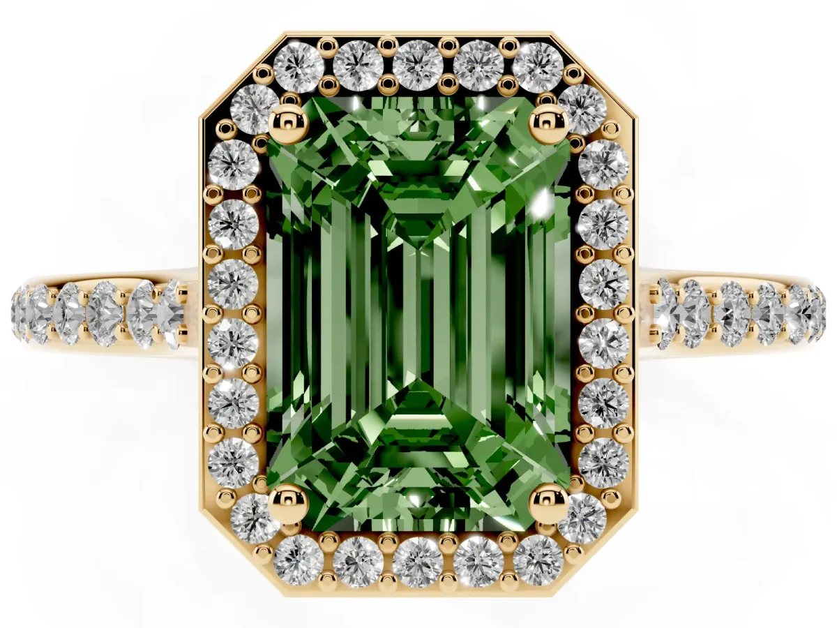 Fancy Green Emerald Cut Diamond Halo Engagement Ring with Round Pavé Shoulders and Prong Setting Yellow gold