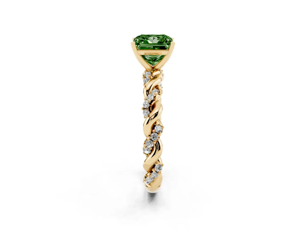 Fancy Green Princess Cut Diamond Solitaire Ring with Twisted Band and Pavé Accents Yellow gold