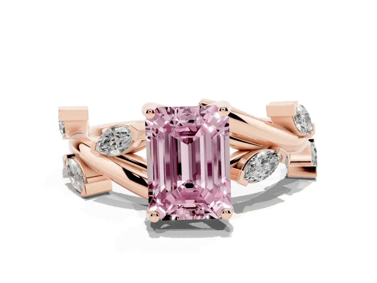 Fancy Pink Emerald Cut Solitaire Twisted Band Marquise Accent Prong Setting Ring Rose gold