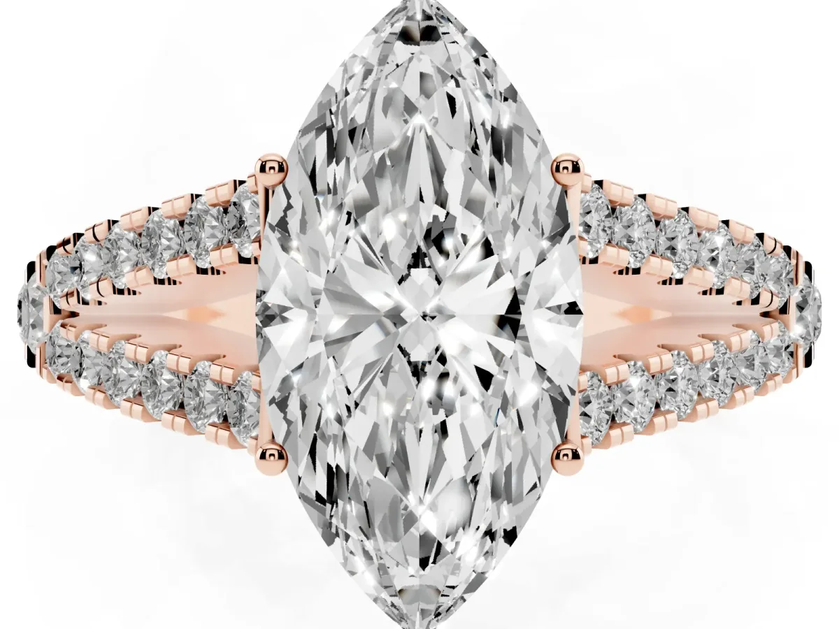 Marquise Cut Diamond Split Shank Engagement Ring with Round Pavé and Prong Setting Rose gold