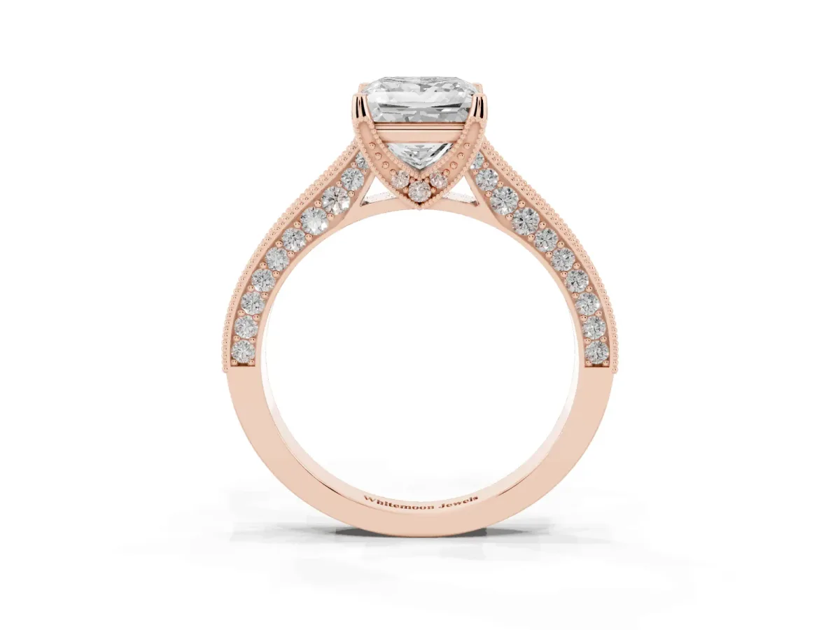 Princess Cut Cut Diamond Solitaire Ring with Milgrain Pave Band and Four Prong Setting Rose gold