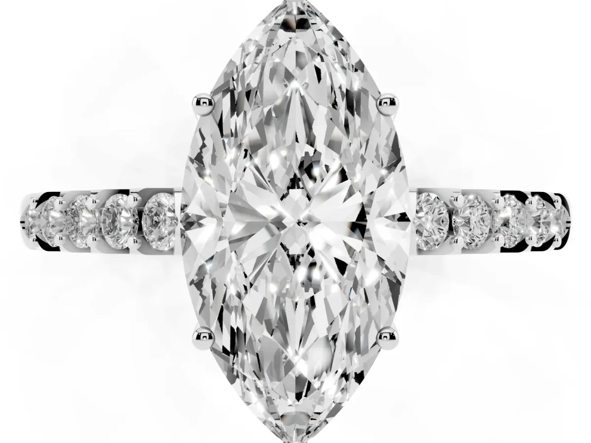 Marquise Cut Solitaire Diamond Engagement Ring with Pavé Band and Six-Prong Setting White gold