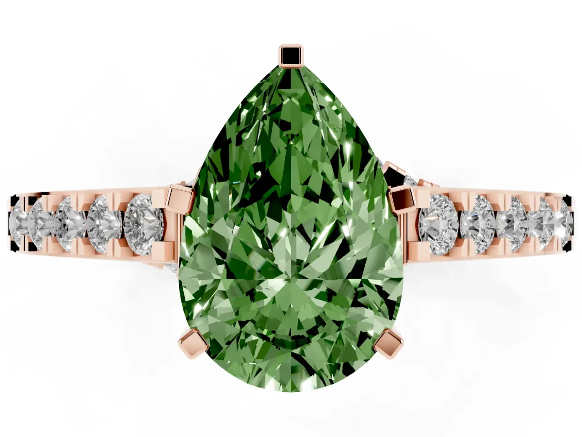 Fancy Green Pear Cut Diamond Solitaire Ring with Crossover Gallery and Round Pavé Band Rose gold