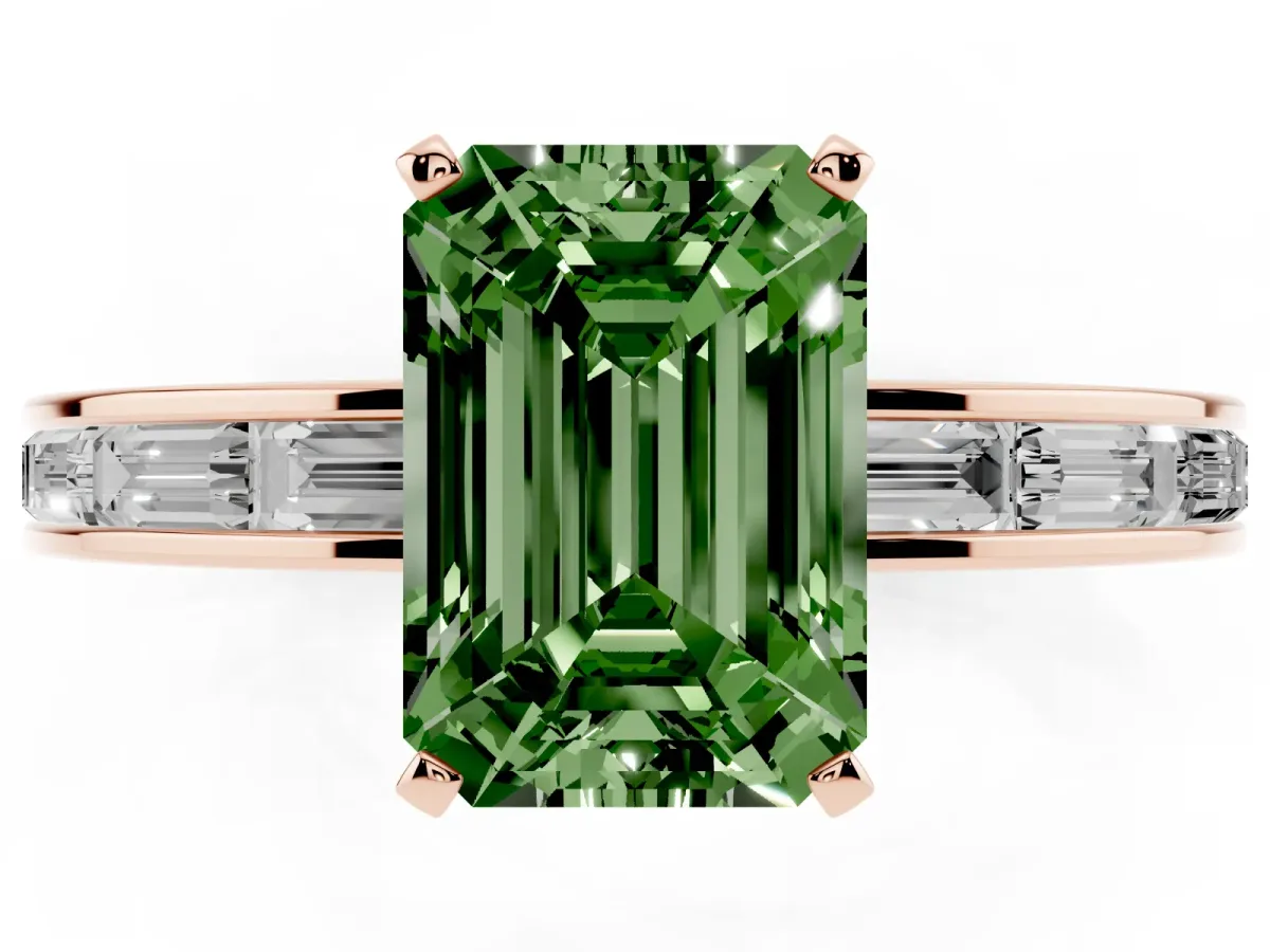 Fancy Green Emerald Cut Solitaire Diamond Ring with Channel-Set Baguette Band and Four-Prong Setting Rose gold