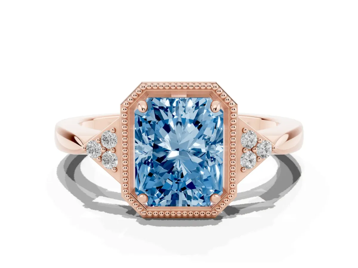 Fancy Blue Radiant Cut Diamond Halo Ring with Tapered Band and Four-Prong Setting Rose gold