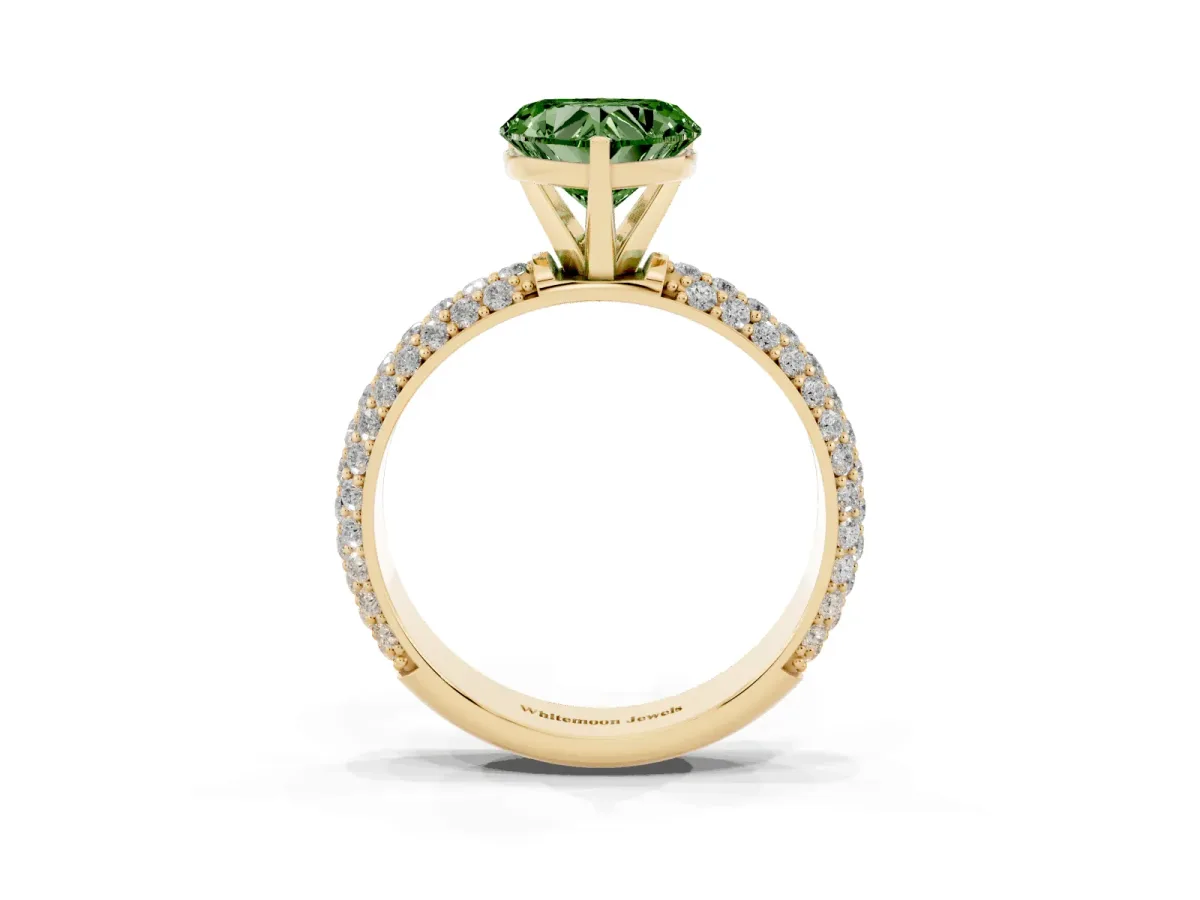 Fancy Green Heart Cut Diamond Solitaire Ring with Prong Setting and Pavé Band Yellow gold