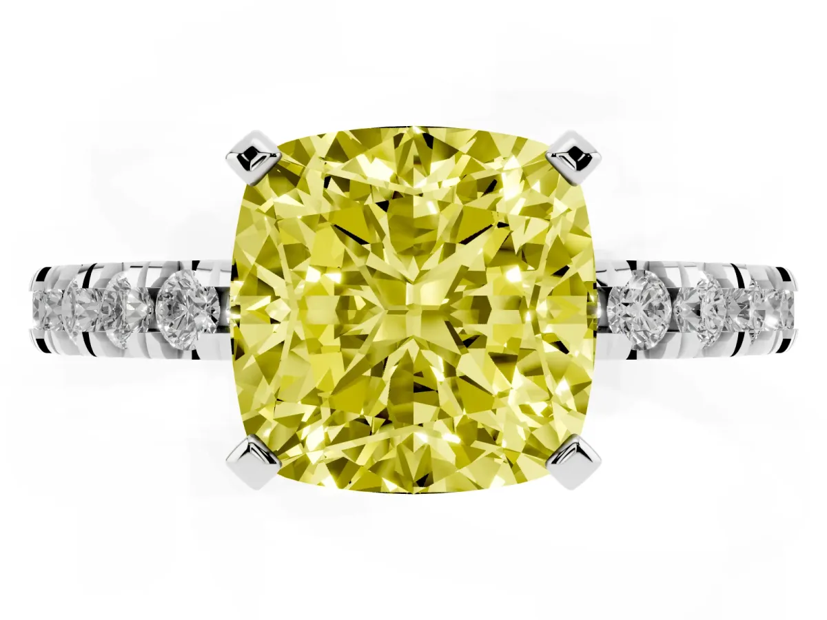 Fancy Yellow Cushion Cut Diamond Pavé Band Solitaire with Four-Prong Setting Silver