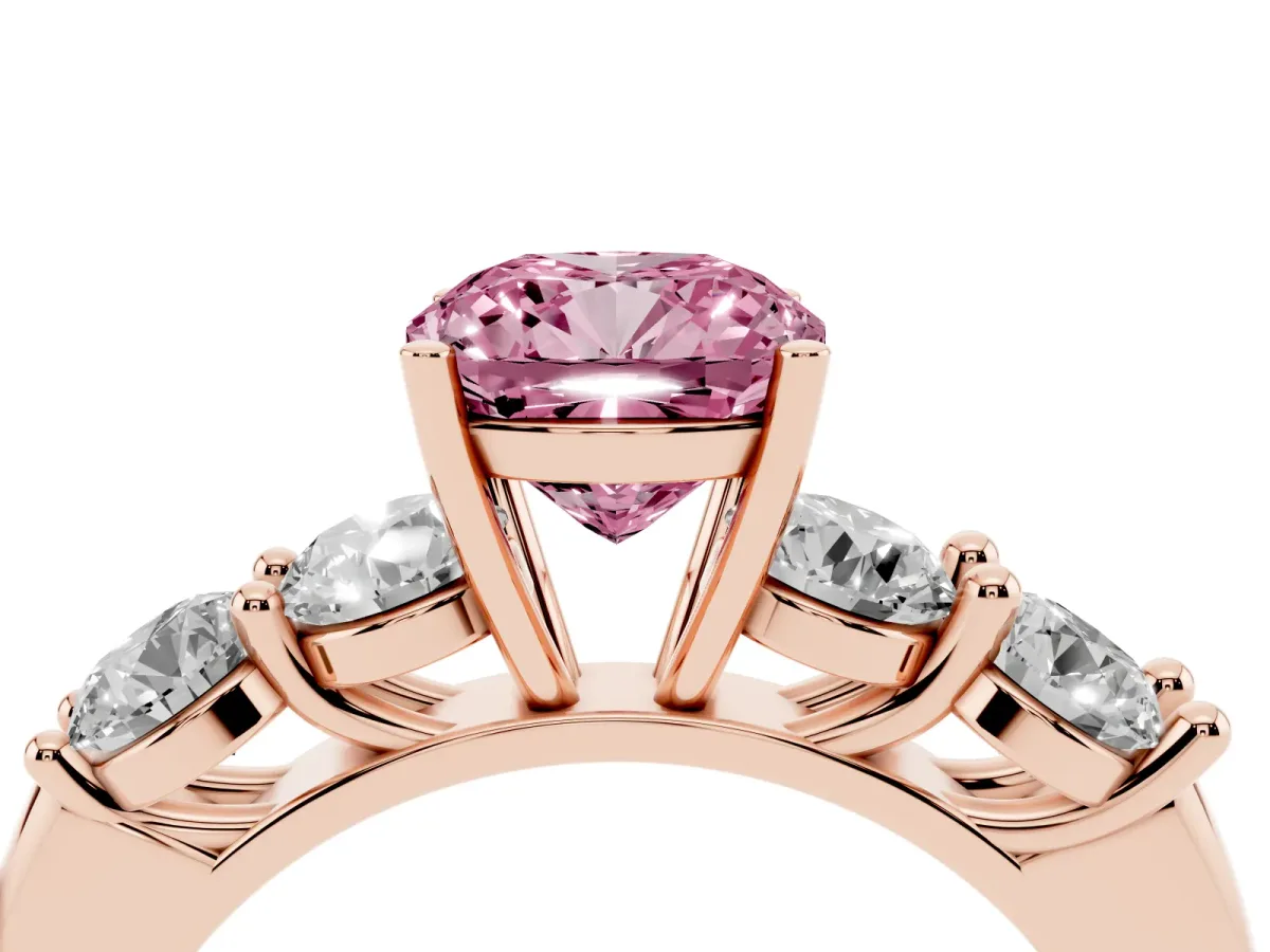 Fancy Pink Cushion Cut Cut Five-Stone Prong Set Diamond Ring with Classic Band Rose gold