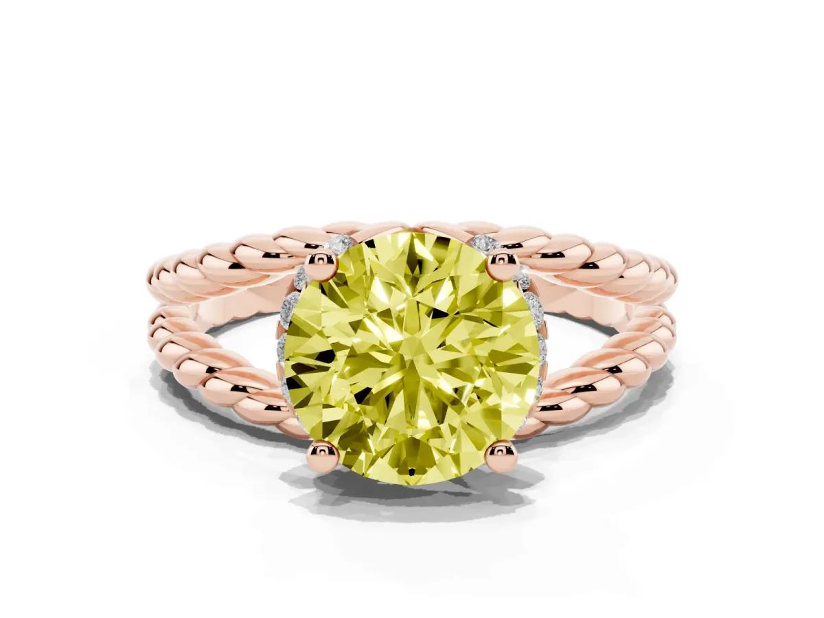 Fancy Yellow Round Cut Halo Twisted Band Four-Prong Ring Rose gold