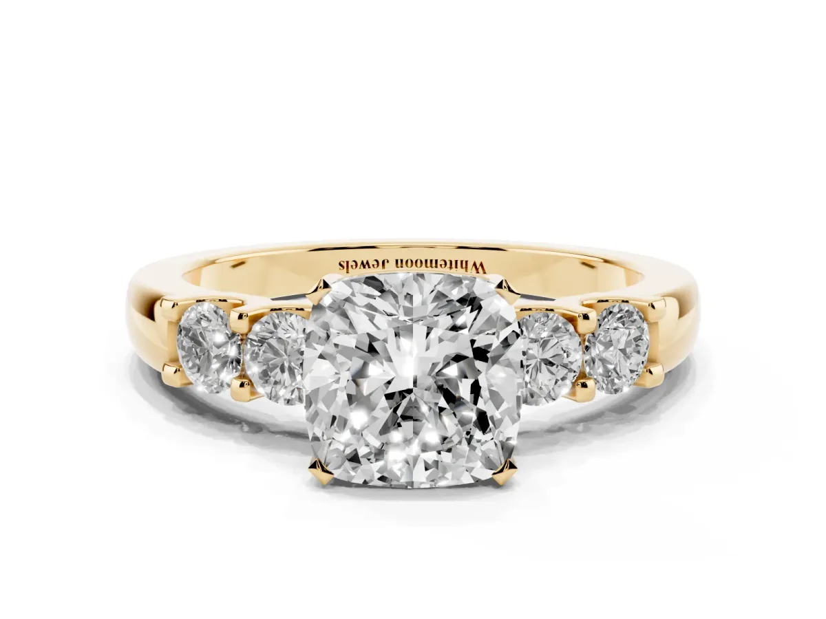 Cushion Cut Brilliant Cut Diamond Five-Stone Prong Set Engagement Ring with Channel Band Yellow gold