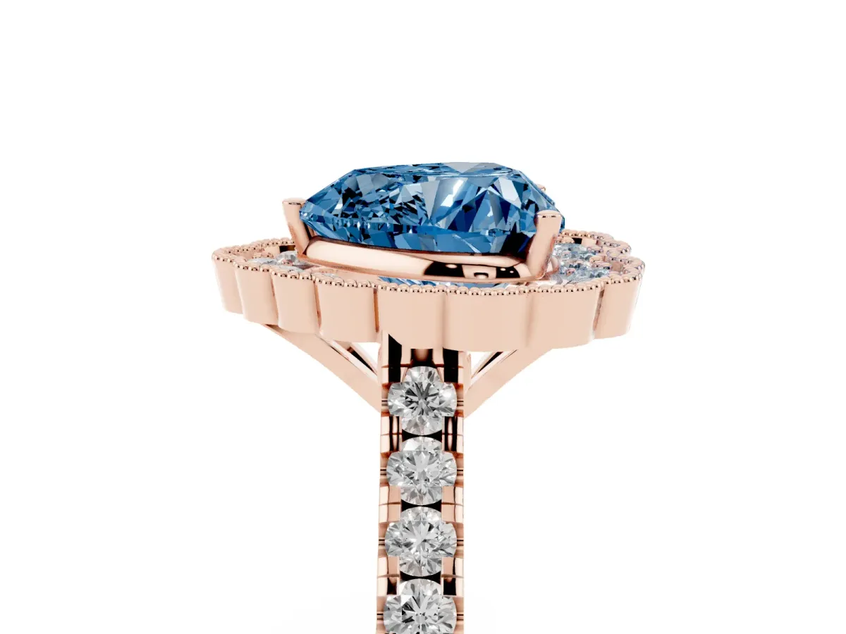 Fancy Blue Heart Cut Cut Diamond Milgrain Floral Halo Engagement Ring with Pavé Band Rose gold