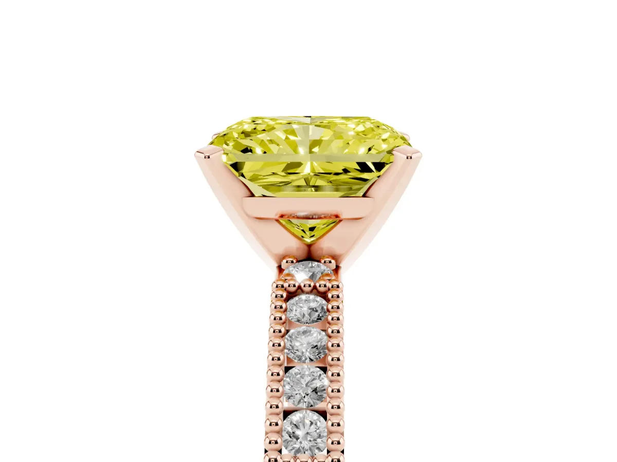 Fancy Yellow Radiant Cut Solitaire with Pavé Band and Four-Prong Setting Rose gold