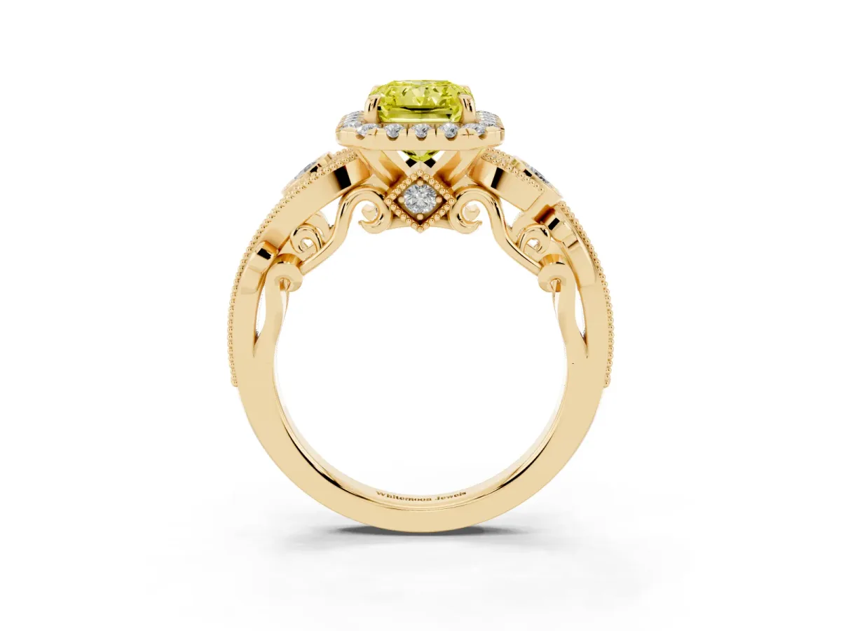 Fancy Yellow Radiant Cut Halo Diamond Ring with Milgrain and Bezel Accents on a Split Shank Band Yellow gold