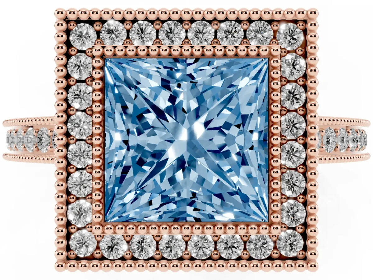 Fancy Blue Princess Cut Cut Halo Diamond Ring with Pavé Band and Milgrain Prong Setting Rose gold