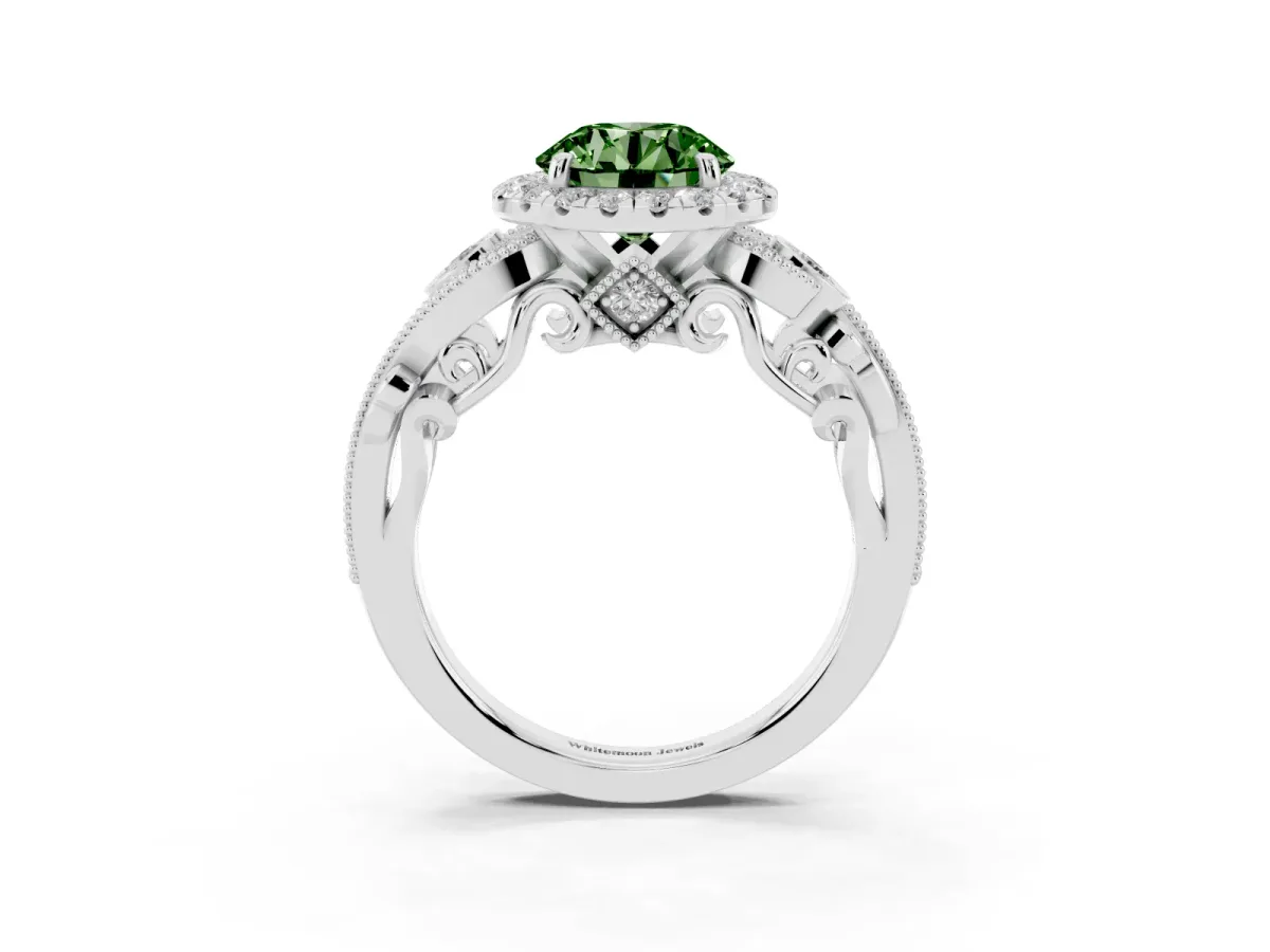 Fancy Green Round Cut Diamond Halo Ring with Milgrain Pavé Band and Four-Prong Setting White gold