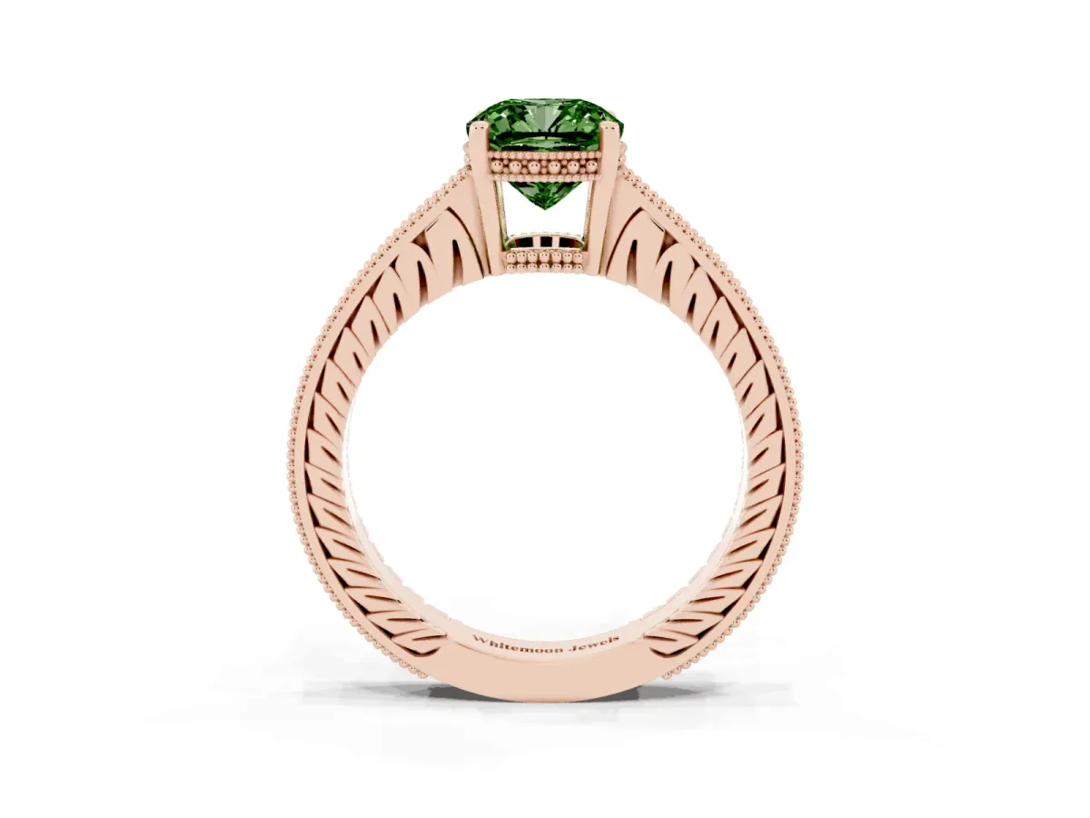 Fancy Green Cushion Cut Solitaire Pavé Diamond Milgrain Engagement Ring with Four-Prong Setting Rose gold