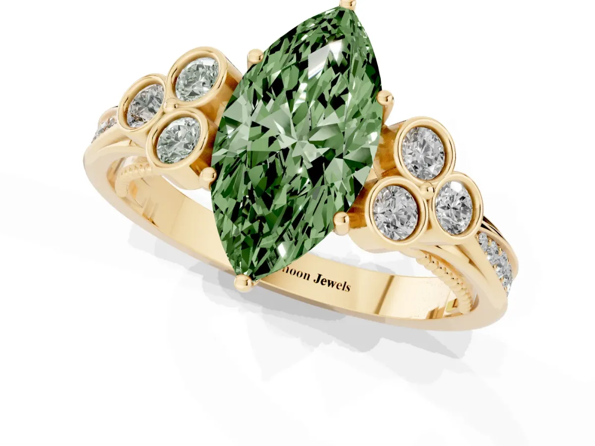 Fancy Green Marquise Cut Cut Diamond Engagement Ring with Bezel Set Round Side Stones and Prong Setting Yellow gold
