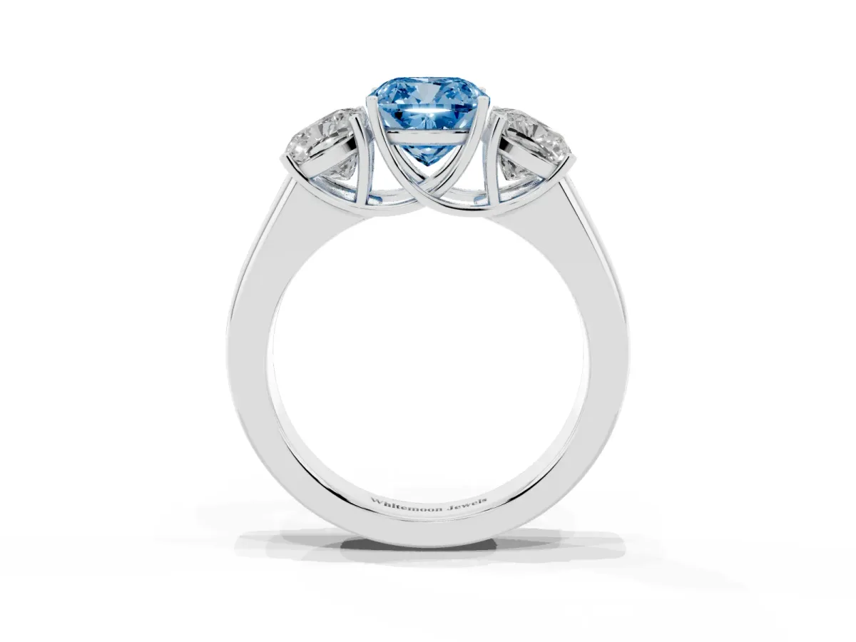Fancy Blue Three-Stone Cushion Cut Cut Diamond Ring with Prong Setting and Classic Band Silver