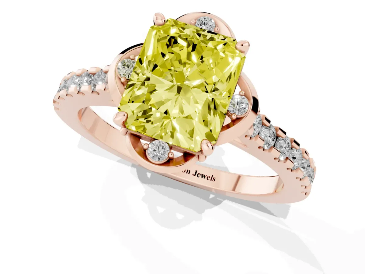 Fancy Yellow Radiant Cut Diamond Ring with Pavé Band and Floral Prong Setting Rose gold