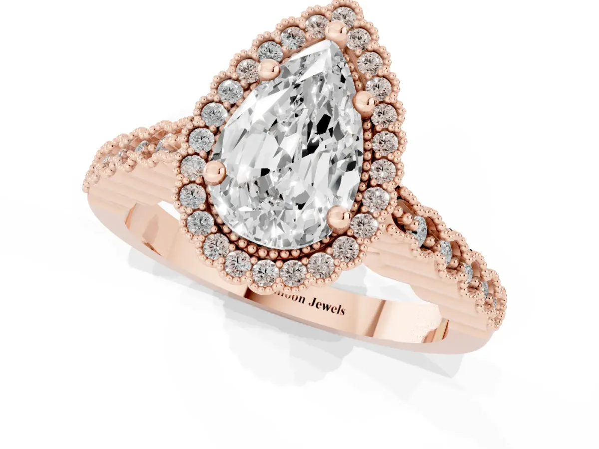 Pear Cut Cut Halo Pavé Solitaire Ring with Milgrain Band Rose gold