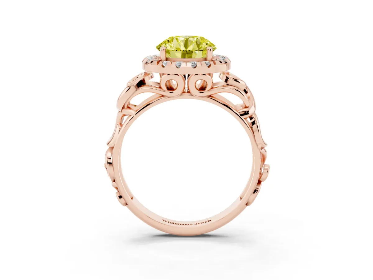 Fancy Yellow Round Cut Cut Halo Diamond Ring with Scrollwork Band and Four-Prong Setting Rose gold