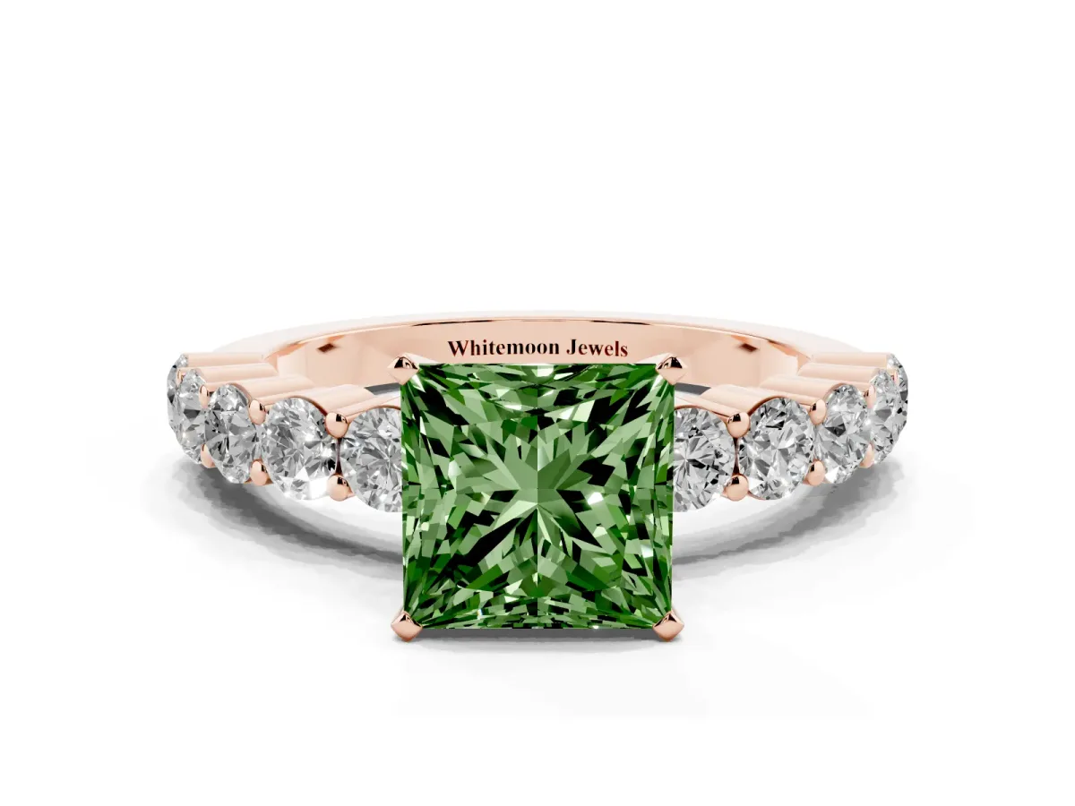 Fancy Green Princess Cut Diamond Solitaire Ring with Shared Prong Round Side Stones Rose gold