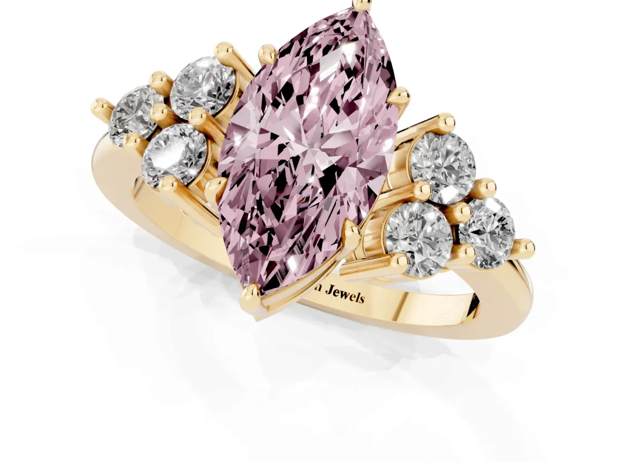 Fancy Pink Marquise Cut Brilliant Diamond Cluster Accent Solitaire Ring with Prong Setting Yellow gold