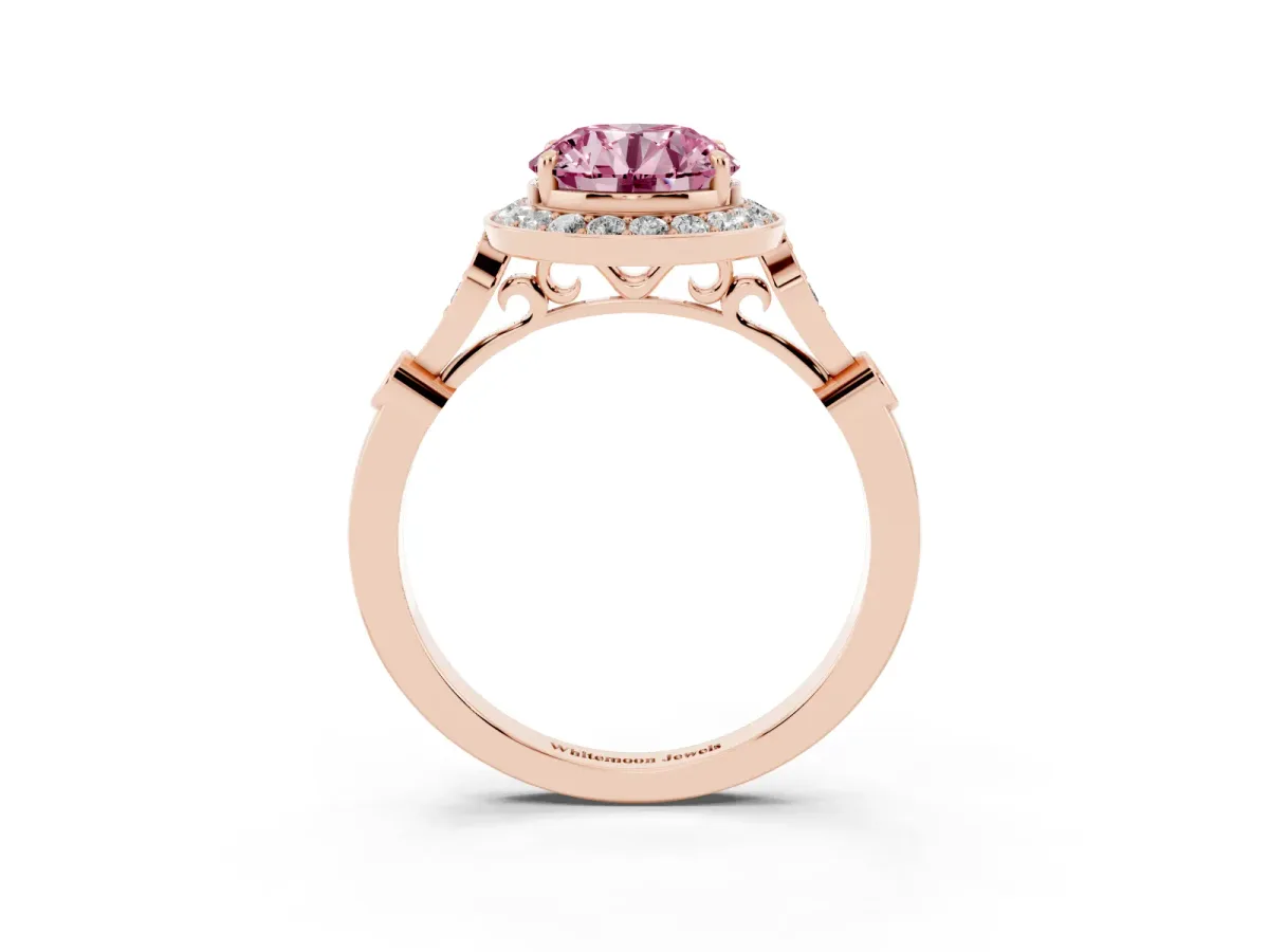 Fancy Pink Round Cut Halo Diamond Engagement Ring with Twisted Band and Four-Prong Setting Rose gold