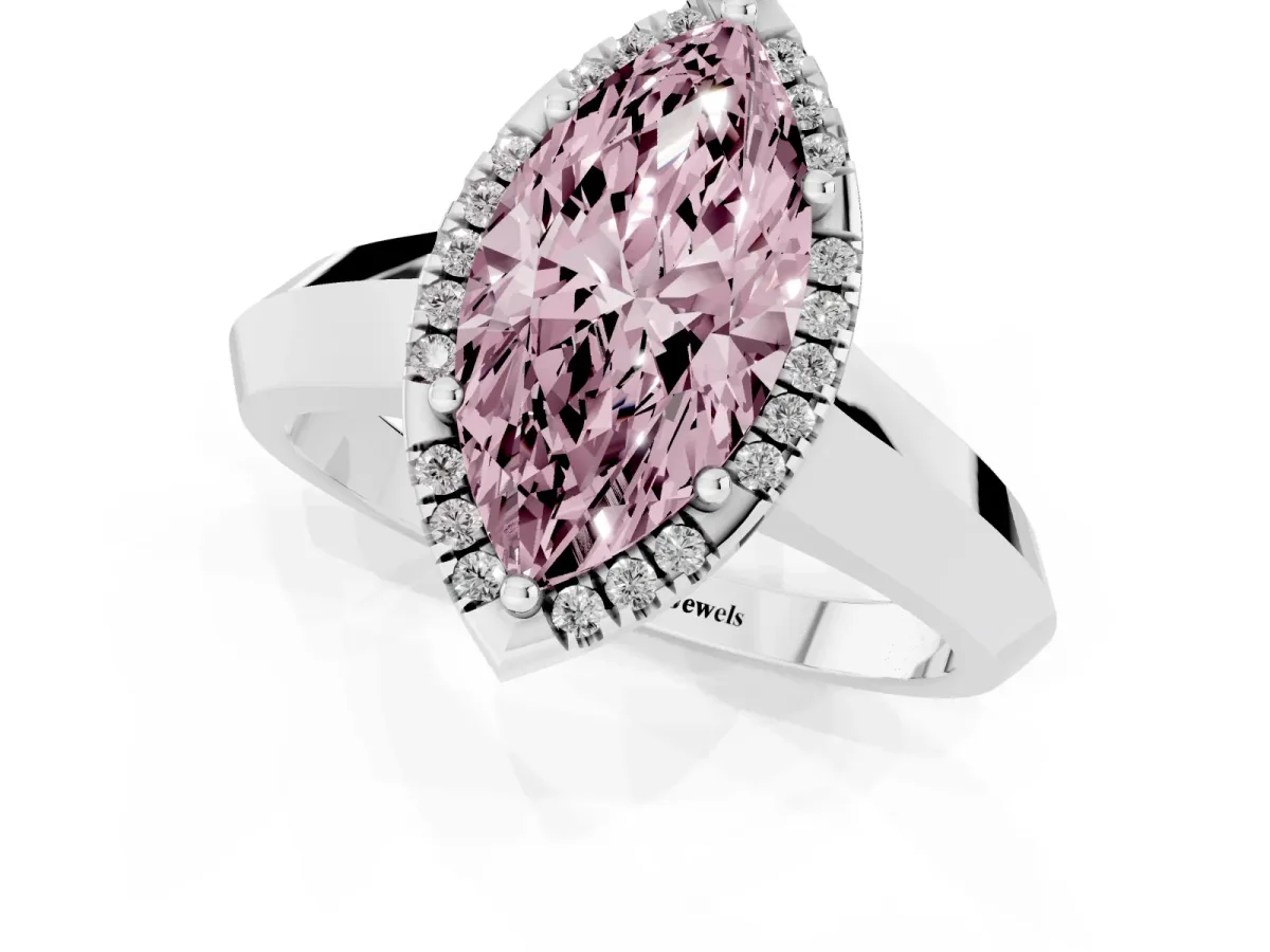 Fancy Pink Marquise Cut Halo Diamond Ring with Cathedral Band and Four-Prong Setting Platinum