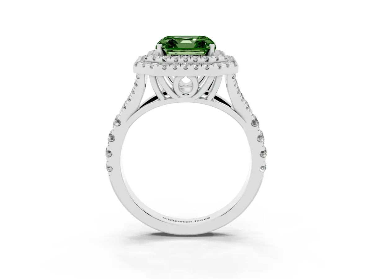 Fancy Green Asscher Cut Diamond Pavé Split Shank Double Halo Engagement Ring Platinum
