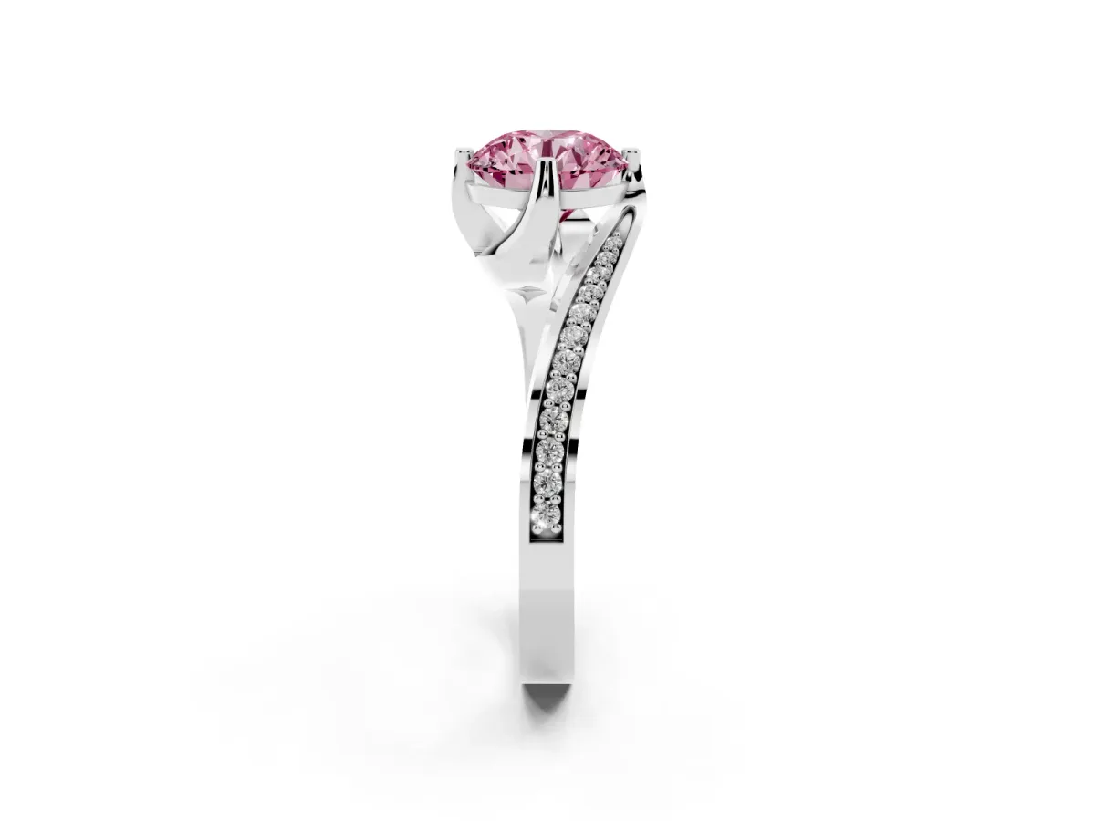 Fancy Pink Round Cut Solitaire Diamond Twist Band with Pavé Setting and Four-Prong Setting Silver