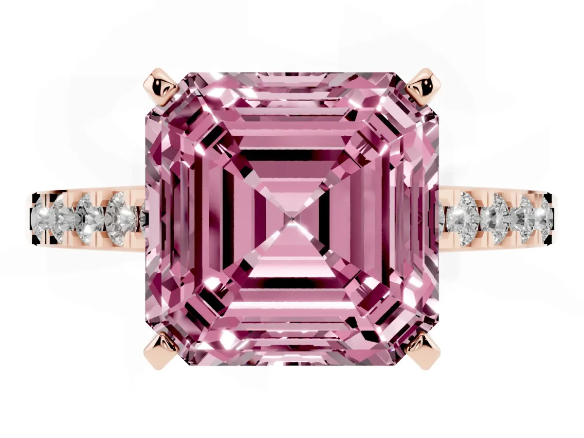 Fancy Pink Asscher Cut Diamond Solitaire Ring with Crossover Gallery and Round Pavé Band Rose gold