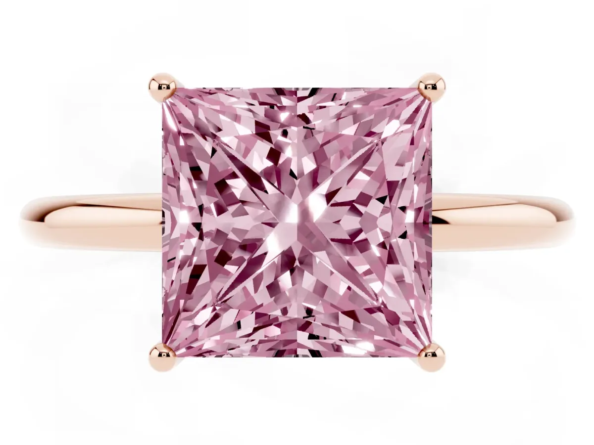 Fancy Pink Princess Cut Solitaire Diamond Ring with a Classic Band and Four-Prong Setting Rose gold
