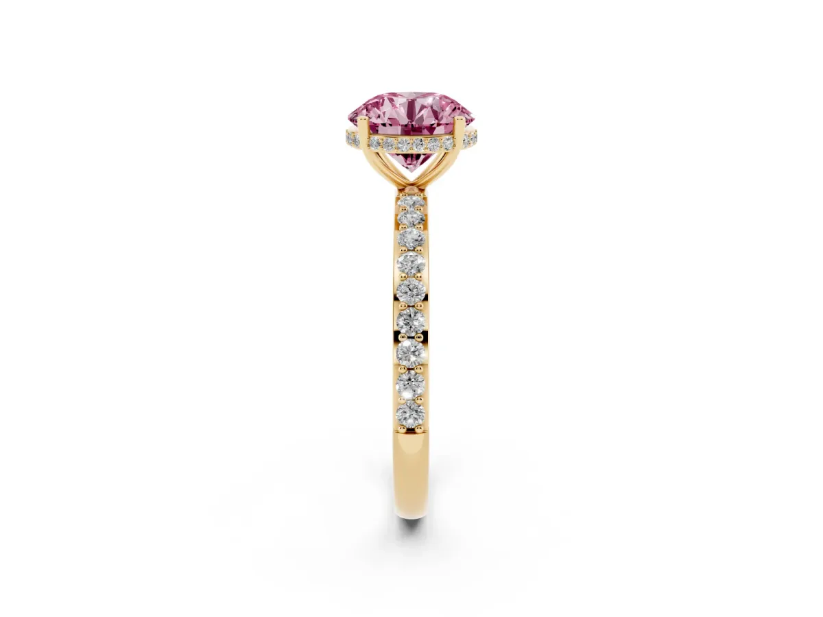 Fancy Pink Round Cut Diamond Solitaire Ring with Pavé Band and Hidden Halo Yellow gold