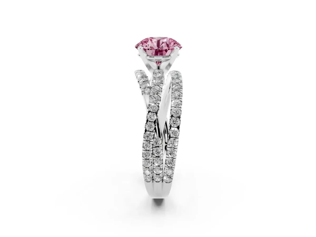 Fancy Pink Round Cut Solitaire Twist Band with Pavé Setting and Four-Prong Setting Silver