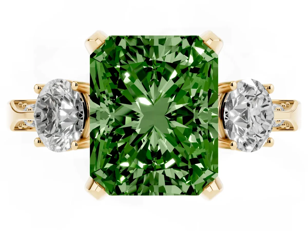 Fancy Green Radiant Cut Brilliant Three-Stone Diamond Ring with Pavé Band and Four-Prong Setting Yellow gold
