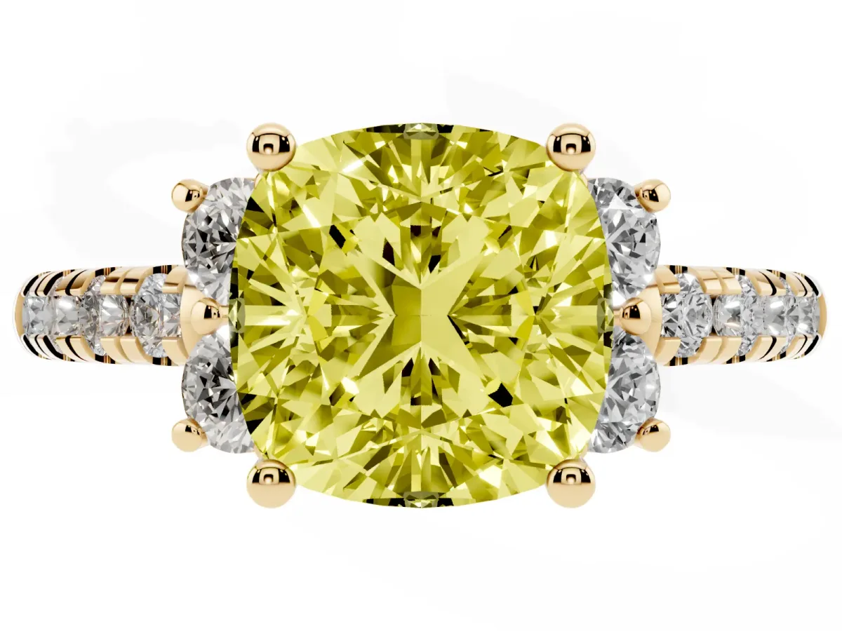 Fancy Yellow Cushion Cut Diamond Three-Stone Pave Band with Four-Prong Setting Yellow gold