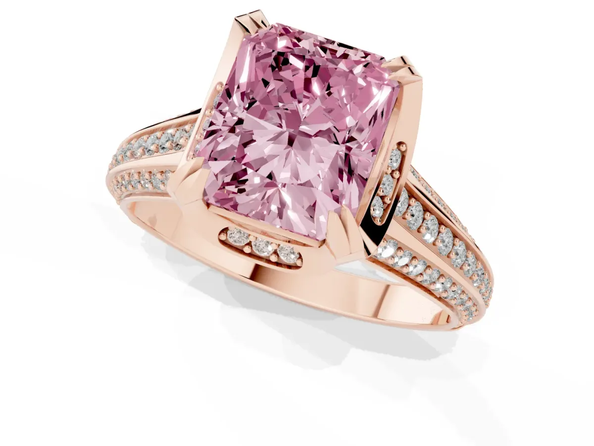 Fancy Pink Radiant Cut Solitaire Pave Split Shank Ring with Four-Prong Setting Rose gold