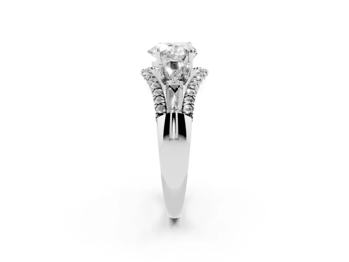 Three-Stone Heart Cut Diamond Engagement Ring with Pave Band and Prong Setting Silver